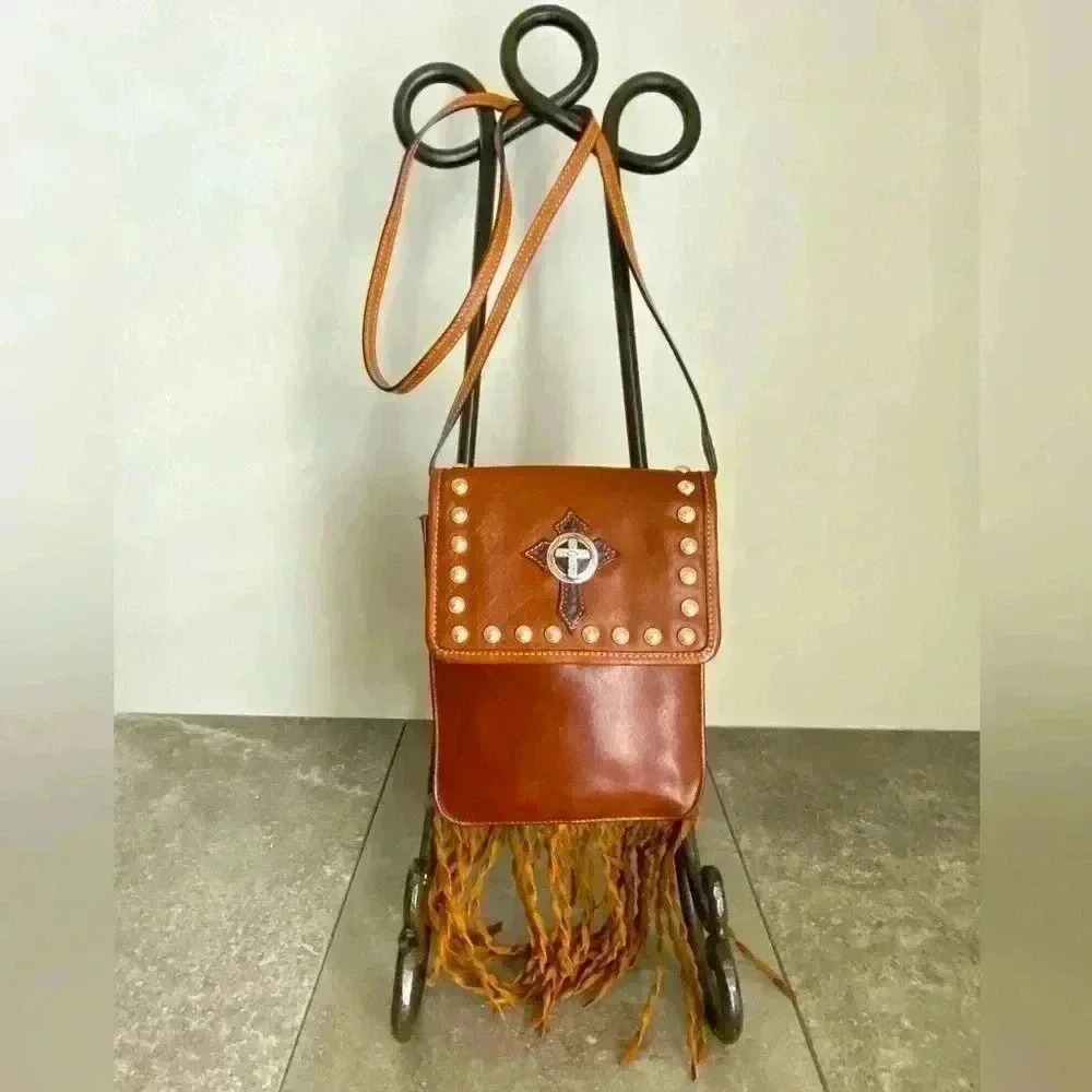 Vintage Montana Silversmith Fringed Crossbody Leather Bag Cross Studded